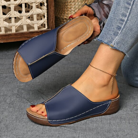 Navy Blue Open Toe Slip-On Sandals – Comfy Everyday Slides - Picture 1 of 2